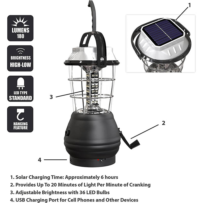 Solar Powered Camping Lamp Crank Dynamo Emergency Lighting-Black
