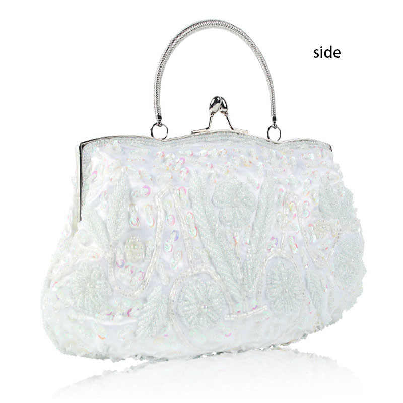 Beaded Sequin Design Flower Evening Purse Large Clutch Bag-White