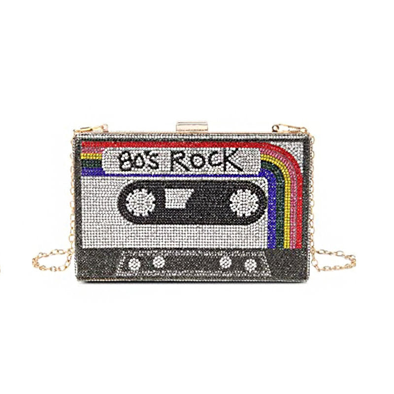 Women Retro Radio Shape Crossbody Bag Rhinestone Metal Vintage Clutch Purses-Black