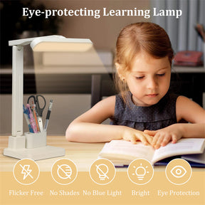 LED Desk Lamp with Pen Organizer,Study Lamp with Phone Holder 3 Color Modes, Stepless Dimming,Eye Caring Touch Control Table Lamp for Home Office