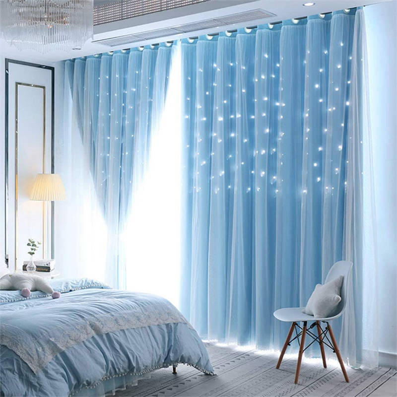 2 Panels Double Layer Stars Blackout Curtains for Bedroom Window-Blue