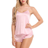 Women Sexy Satin V Neck Camisole Shorts Pajamas Set-Pink