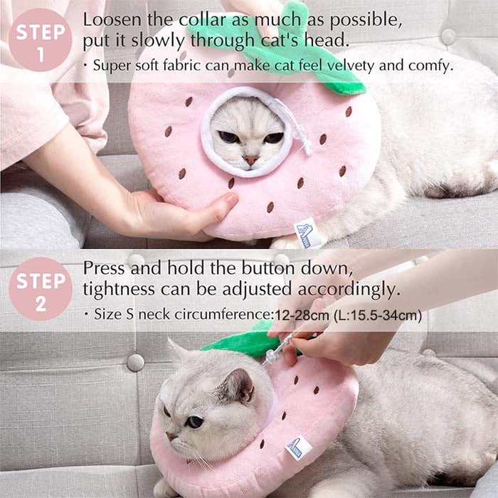 Adjustable Cat Cone Collar Soft Cute Cat Recovery Collar After Surgery-Strawberry