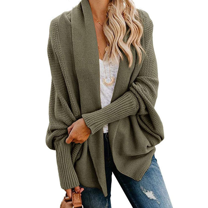 Women's Batwing Knitted Oversized Slouchy Solid Cardigan Sweater Knit Outwear-Pea Green