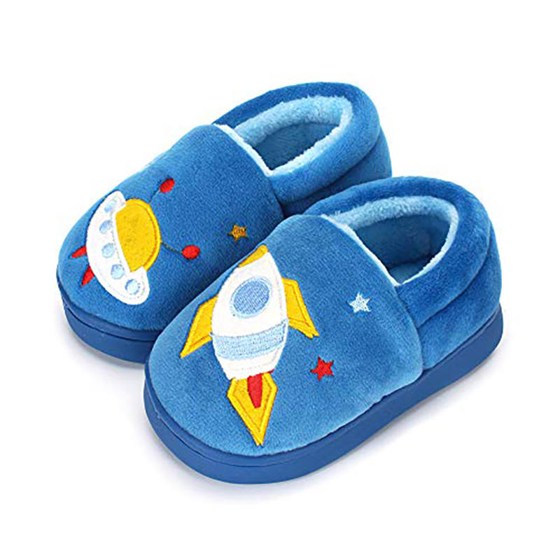 Boys Girls Warm Slippers Cartoon Kids Winter Indoor Household Shoes-Blue