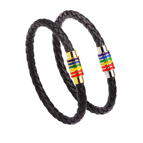 2 Packs LGBT Rainbow Bracelet Couple Leather Magnetic Clasp Bangle-Black