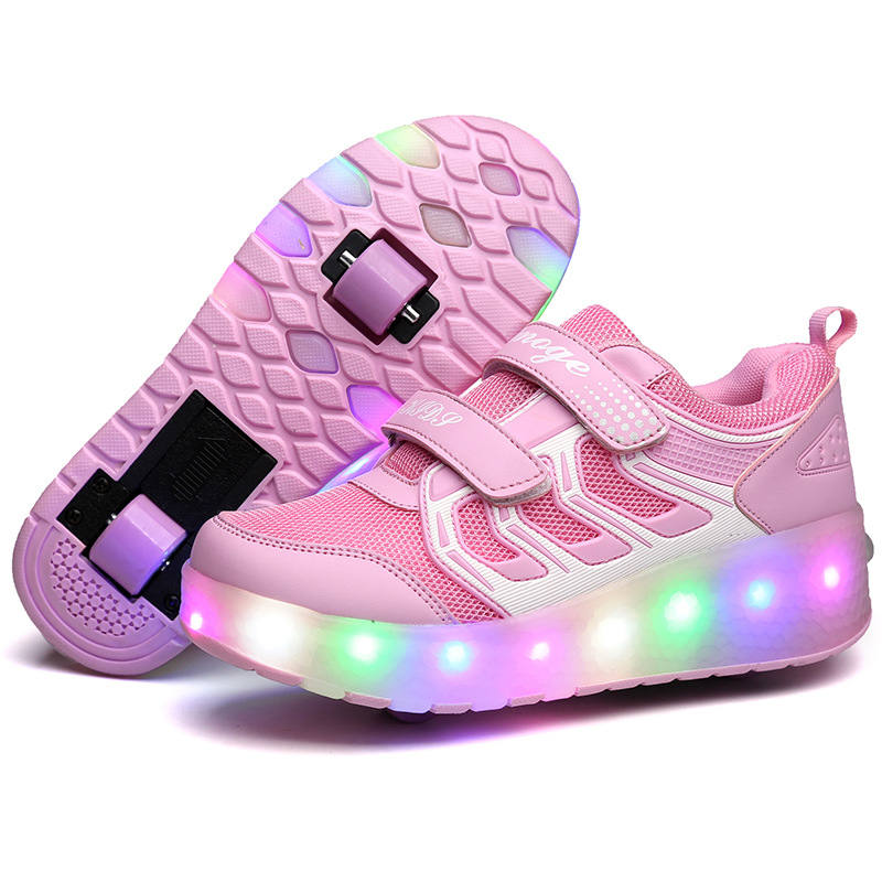 Kids Two Wheels Sneakers with Lights Rechargeable Roller Skates Shoes for Boys Girls-Pink