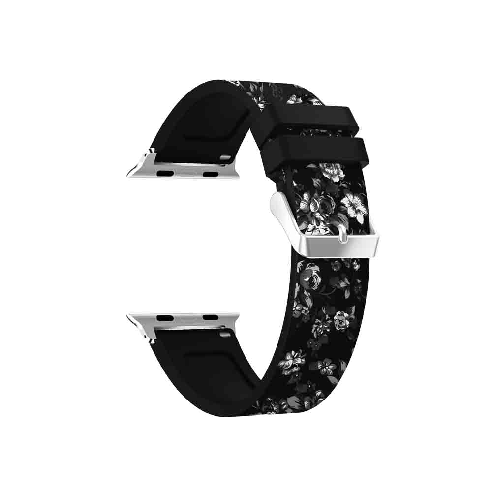 Flower Printing Silicone Watch Band For Apple Watch SE/6/5/4/3/2/1(Black Gray)