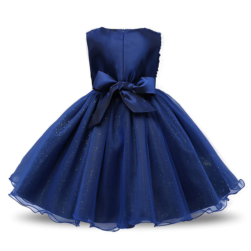 Girl Sleeveless Lace 3D Flower Tutu Holiday Princess Wedding Dresses-Deep Blue