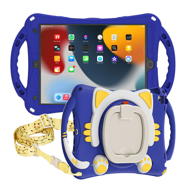 CatB Silicone Case For iPad 10.2 Air10.5 Pro10.5 Shockproof Shoulder Strap Handle Stand-Dark Blue