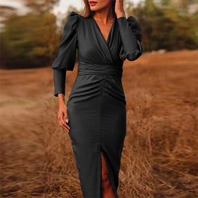 Sexy Tight-Fitting Long Sleeves Solid Color V-Neck Slit Dress-Black