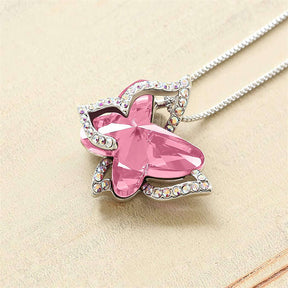 Butterfly Birthstone Crystal Pendant Necklace Gifts for Women Girls-Pink