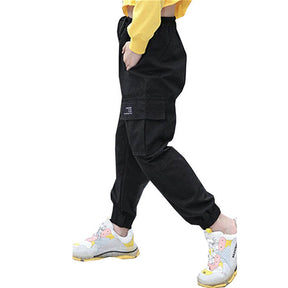 Girls Joggers Long Pants Pockets Outdoor Casual Trousers with Drawstring Multicolor-Black