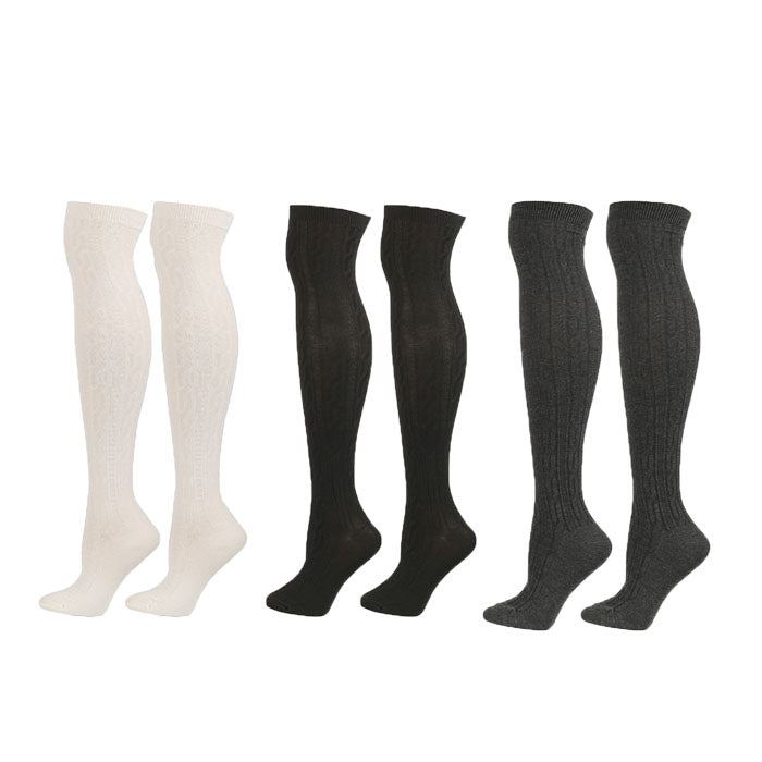 3Packs Women Extra Long High Socks Knit Warmers Thick Tall Long Boot Stockings Leg-WhiteBlackDarkGray