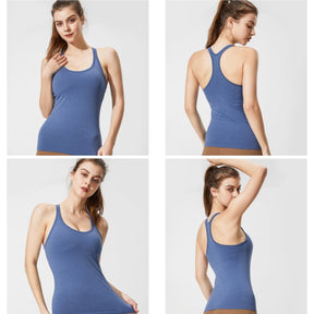Ribbed Racerback Tank Top with Built in Bra Shockproof for Sports-Blue