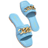 Womens Open Toe Sandals Gold Chain Backless Slippers-SkyBlue