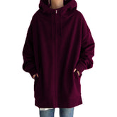 Womens Long Fleece Sweatshirt Simple Full Zip Hoodies-DarkPurple