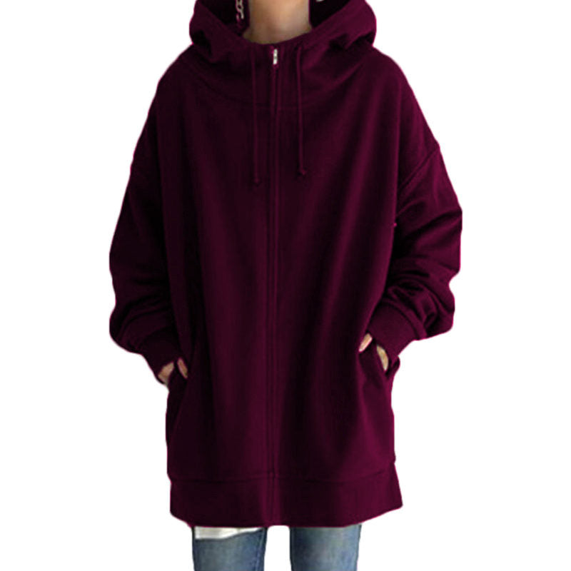 Womens Long Fleece Sweatshirt Simple Full Zip Hoodies-DarkPurple