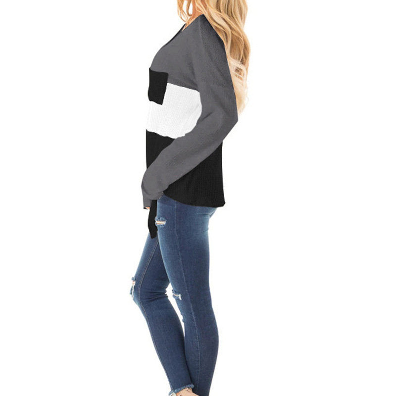 Womens Long Sleeve V-neck Autumn T-shirt Loose Top with Pockets-Gray