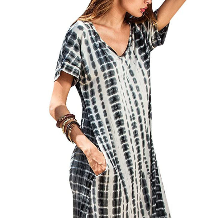 Women's Boho Maxi Summer Casual Short Sleeve V-neck Dye Split Fork Long Dress-Black