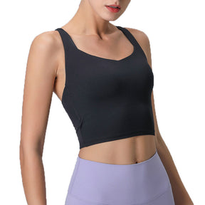 V Neck Longline Sports Bras Padded Wirefree Stretchy Yoga Camisole-Black