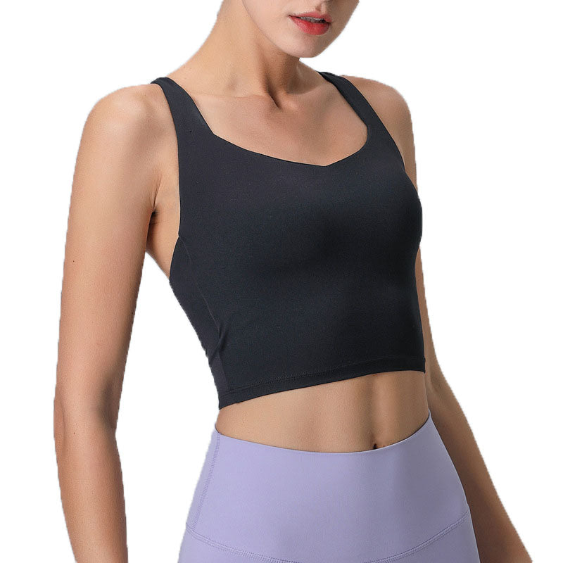 V Neck Longline Sports Bras Padded Wirefree Stretchy Yoga Camisole-Black