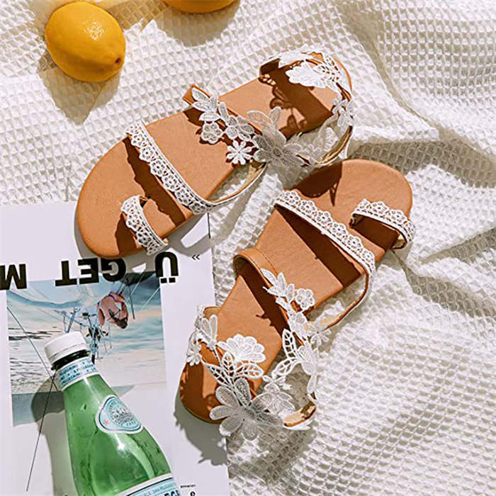 Womens Sandals Flat Clip Toe Lace Floral Beach Flip Flop-White