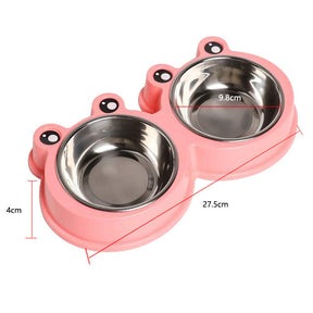 Double Dog Cat Bowls Cute Modeling No-Slip Stainless Steel Pet Bowls-Pink