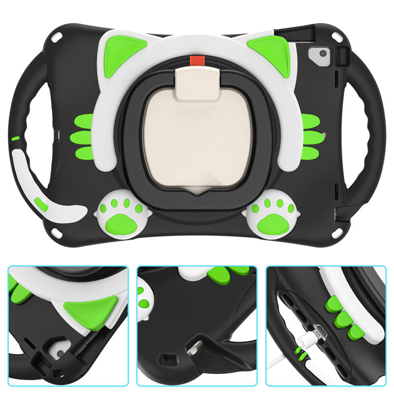 CatB Silicone Case For iPad Pro 9.7 inch Air1/2 Shockproof Shoulder Strap Handle Stand-Black Green