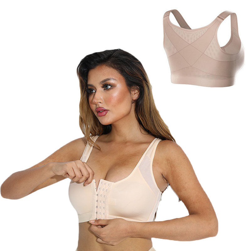 Wireless Sports Bra Front Adjustable Closure Crop Shapewear-Beige