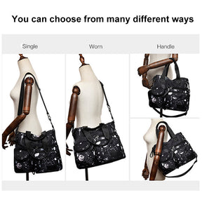 Womens Lightweight Floral Top Handle Handbag Multi-pockets Nylon Shoulder Bag-Black