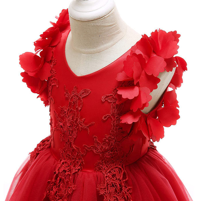 Princess Flower Girl Lace Dress Pageant Kids Christmas Party Dresses-Red