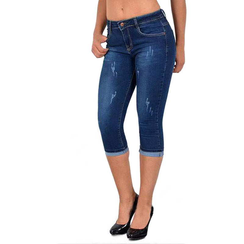 Womens Denim Capri Pants Skinny Slim Fit Casual Jeans-Navy Blue