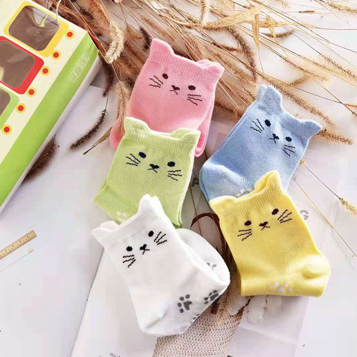 5 Pack Kids Girls Cotton Cute Cat Socks Low Cut Crew Ankle