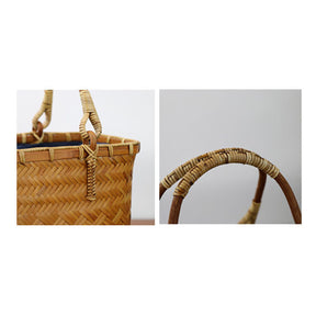 Retro Womens Bamboo Handbag Handmade Large Tote Bag Wicker Basket Bag-Orange