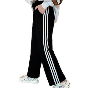 Girls Joggers Long Pants Pockets Outdoor Casual Trousers with Drawstring White Strips-Black