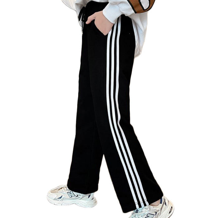 Girls Joggers Long Pants Pockets Outdoor Casual Trousers with Drawstring White Strips-Black