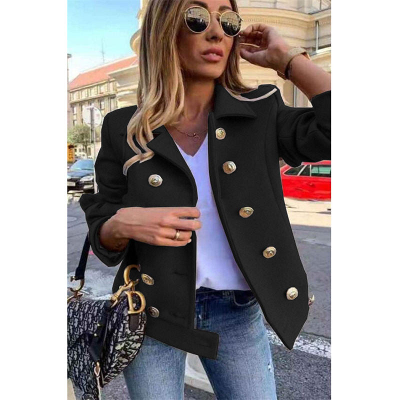 Womens Peacoat Double Breasted Lapel Casual Cropped Jackets Winter-Black