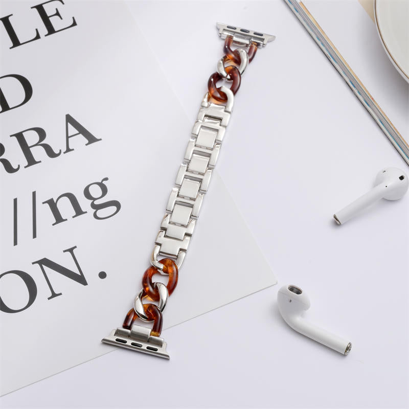 Fashion Resin Watch Band Bracelet Stitching Strap for Apple Watch Series SE/6/5/4/3/2/1-Silver+Brown