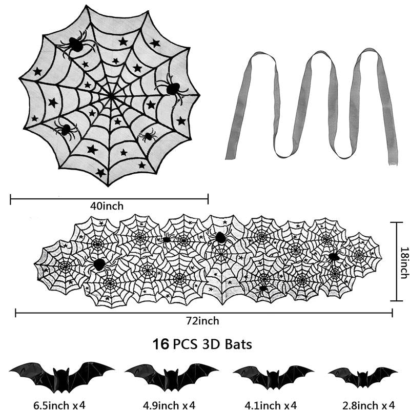 5 Pack Halloween Decorations Tablecloth Set Black Lace Table Runner Round Spider Cobweb with 16pcs Scary Bat