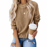 Womens Plush Sweater Casual Round Neck Sweatshirt Pullover-Khaki