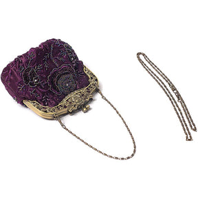 Womens Beaded Party Clutch Vintage Rose Purse-Purple