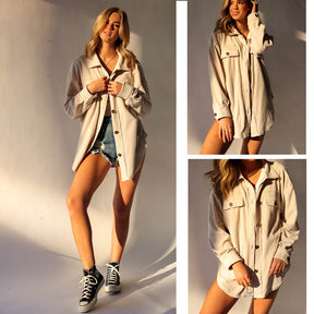 Lookbook Womens Fleece Long Sleeved Shirt Casual Boyfriend Blouse Top-Beige