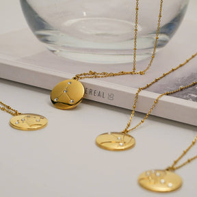 12 Constellation Coin Disc Gold Necklace Engraving Astrology Pendant-Aquarius