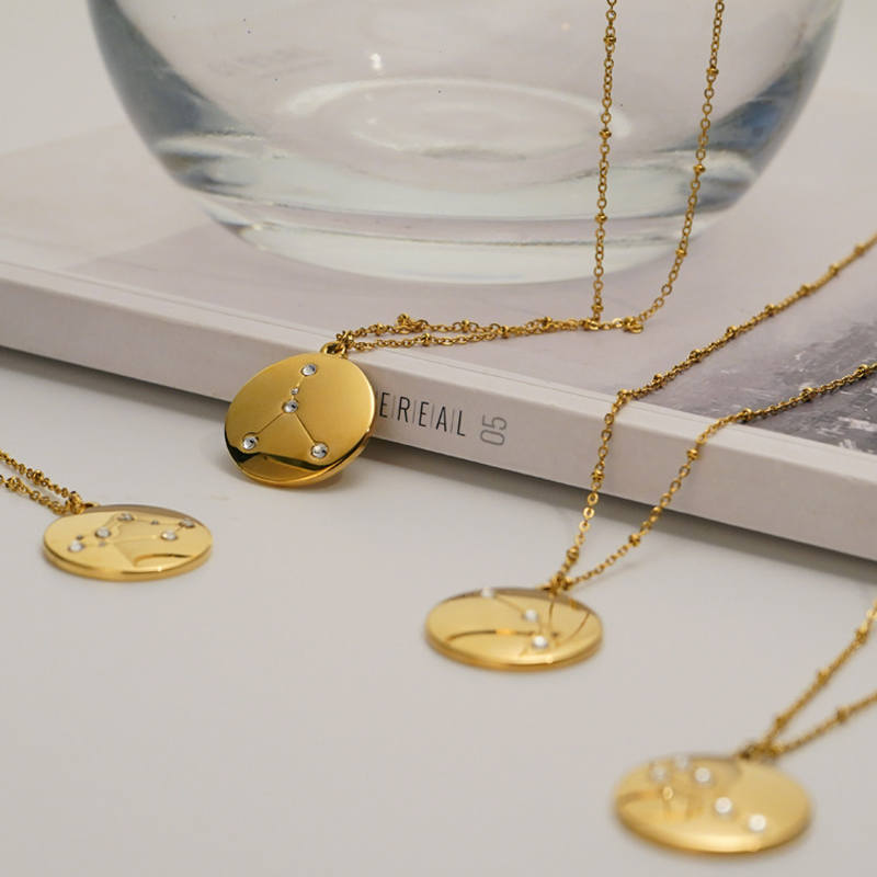 12 Constellation Coin Disc Gold Necklace Engraving Astrology Pendant-Aries