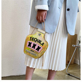 Tequila Bottle Shaped Laser Shoulder Handbags PU Crossbody Purse for Women-Gold