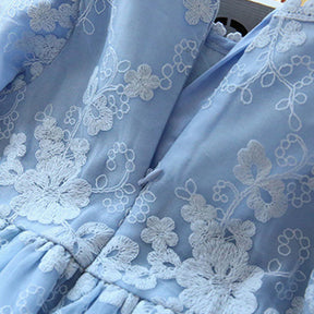 Flower Girls Wedding Dress Lace Short Sleeve Tulle Summer Vintage Dresses-Light Blue