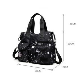 Womens Lightweight Floral Top Handle Handbag Multi-pockets Nylon Shoulder Bag-Black