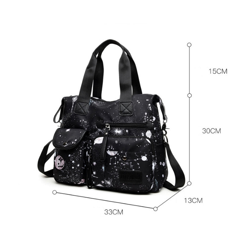 Womens Lightweight Floral Top Handle Handbag Multi-pockets Nylon Shoulder Bag-Black