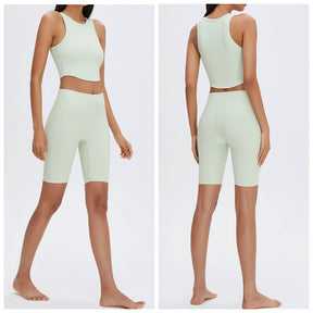 Rib-Knit Crop Tank Tops Removable Padded Quick Dry Sports Bras-Green
